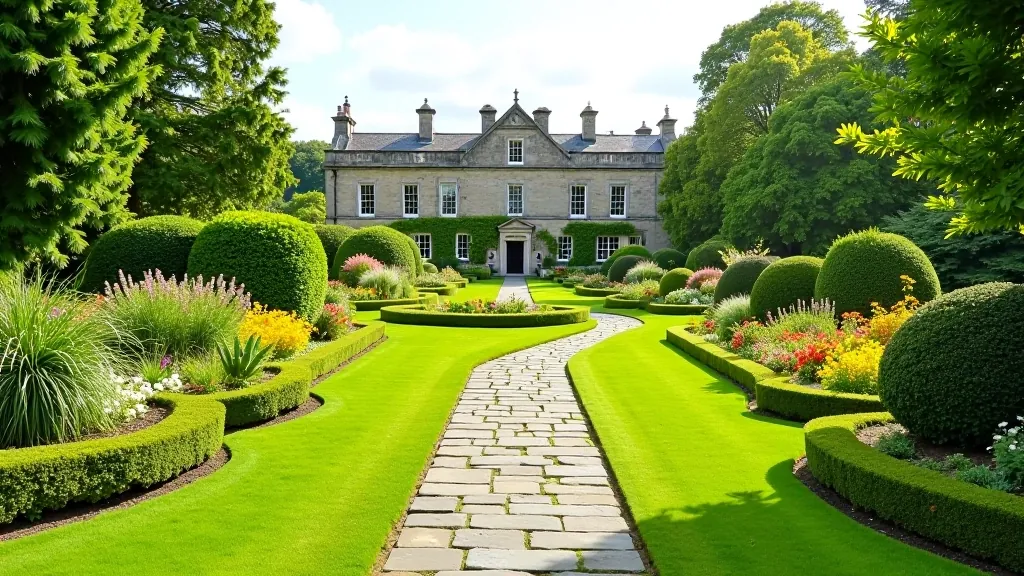 Formal gardens with winding stone pathways and manicured hedges