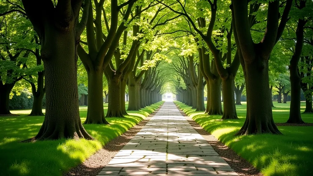 Historic stone pathway lined with mature trees leading toward telescope structure, dappled sunlight, parkland setting