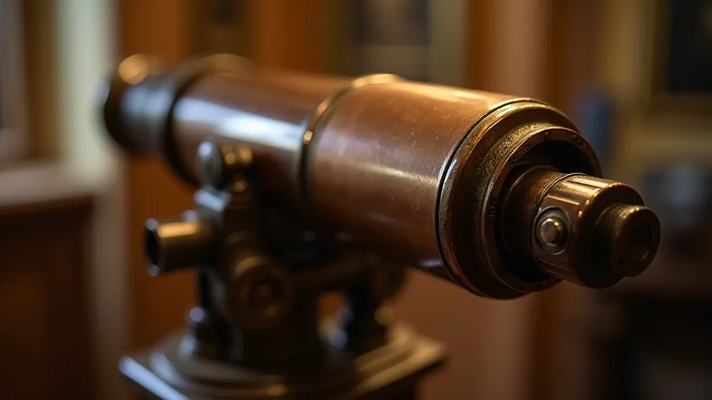 Close-up detail of telescope's copper and iron framework with intricate mechanical components and historical construction visible