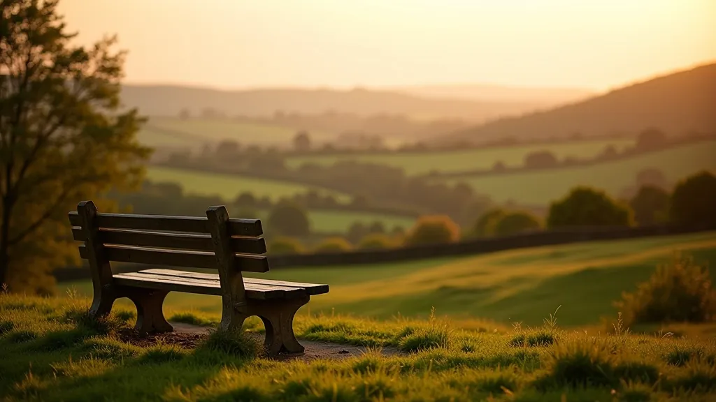 Wooden park bench on hillside with countryside views