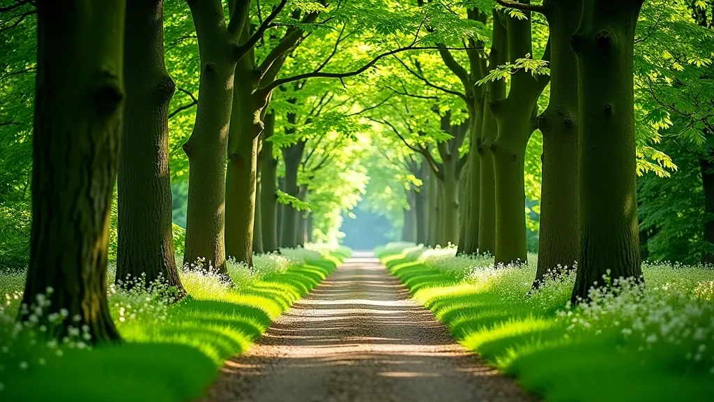 Woodland path lined with mature trees creating natural tunnel