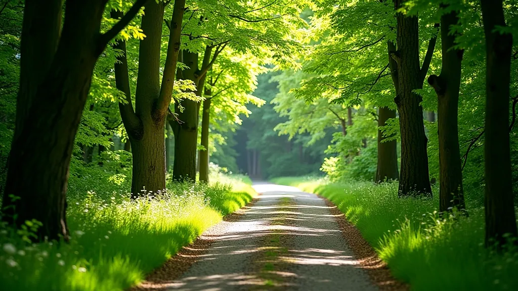 Walking trail winding through dense woodland with overhead tree canopy, clear path marked with natural edges, dappled light, peaceful forest environment